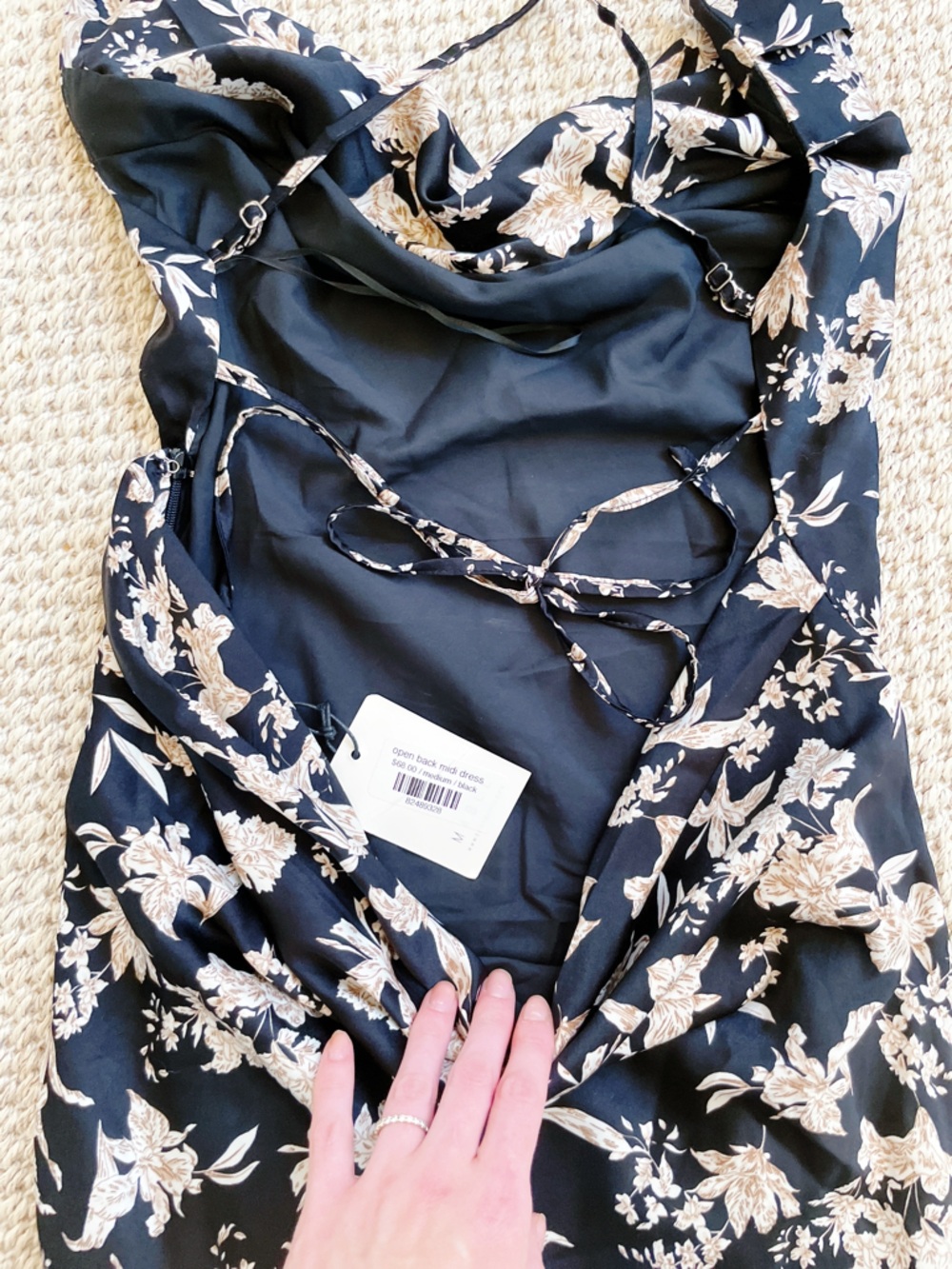 Mable Open Back Floral Midi Dress NWT Size Medium Black Satin Lace-Up Back S - Picture 11 of 12